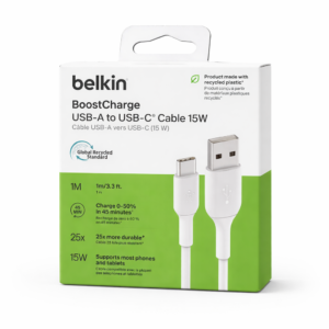 Câble USB-A vers USB-C 15W – Belkin Charge Rapide (1 m) Blanc