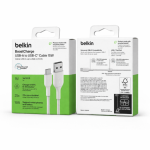 Câble USB-A vers USB-C 15W – Belkin Charge Rapide (1 m) Blanc