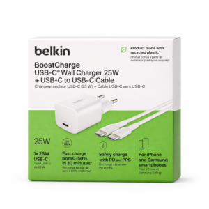 Chargeur secteur BELKIN USB-C 25W + Câble USB-C – Blanc