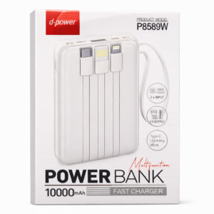 Power Bank P8589W D-Power – Batterie Externe 10000 mAh avec Câbles Intégrés