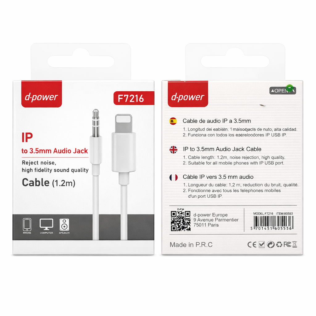 Câble Lightning vers Jack 3.5 mm Audio – d-power F7216 (1.2 m) – Image 2