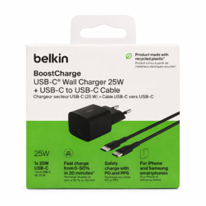 Chargeur secteur BELKIN USB-C 25W + Câble USB-C – Noir