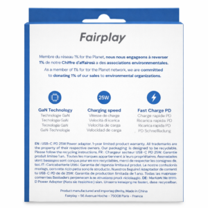 Chargeur secteur USB-C Fairplay 25W – Charge rapide PD – Blanc