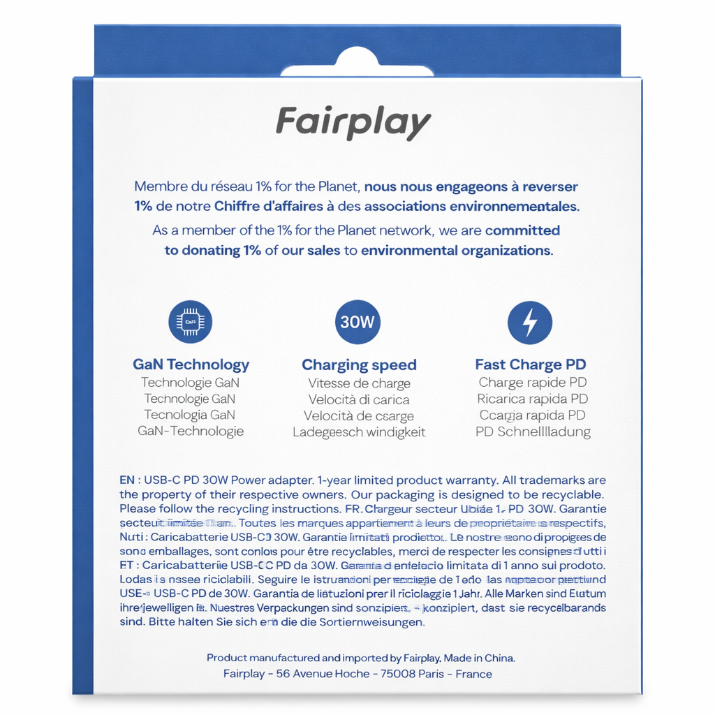 Chargeur secteur USB-C Fairplay 30W – Charge rapide PD-Blanc – Image 4