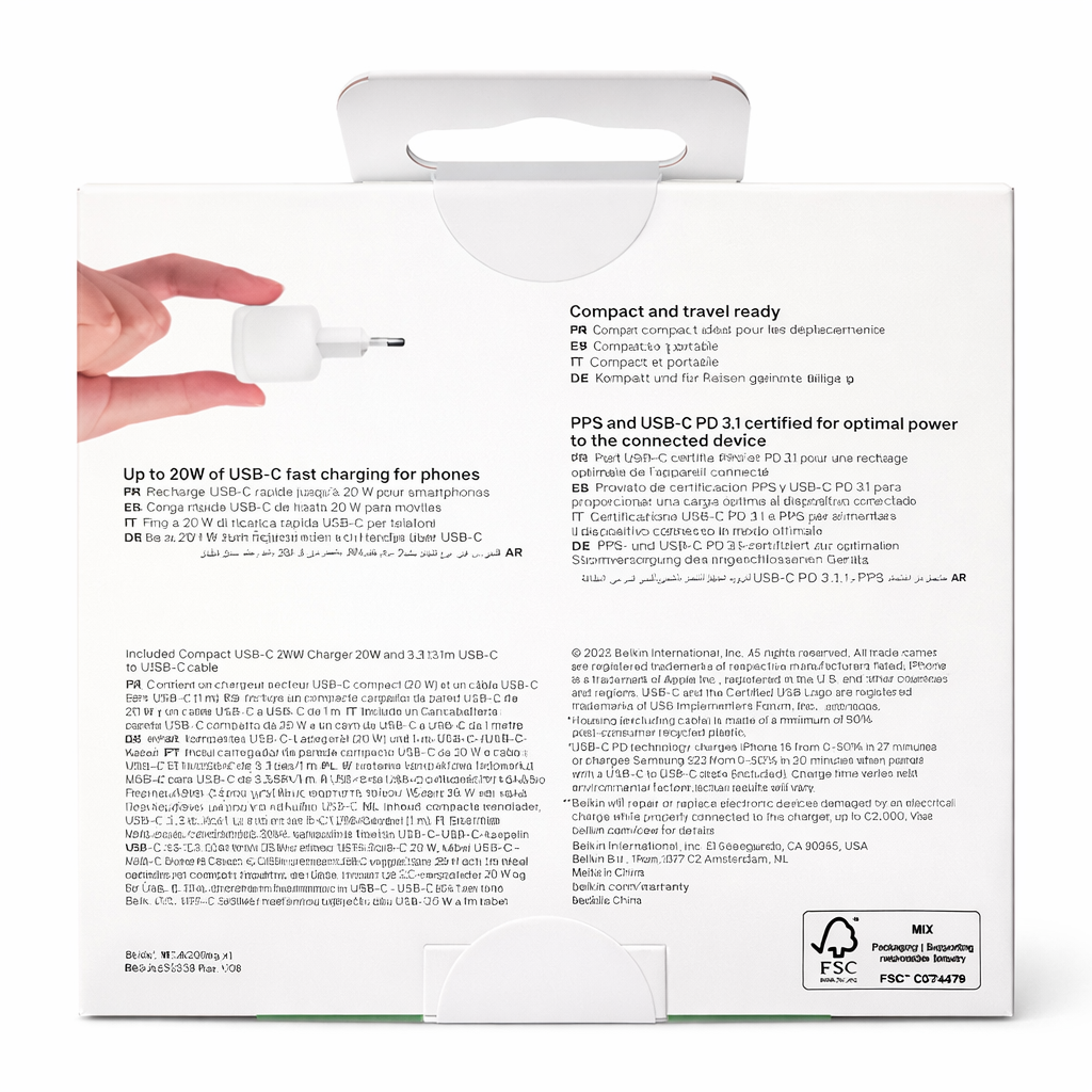 Chargeur secteur USB-C 20W + câble USB-C vers USB-C – Belkin – Image 3