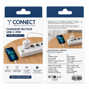 Chargeur secteur USB-C 25W + Câble USB-C vers USB-C 1 m