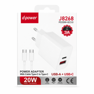 Chargeur Secteur 20W USB-A + USB-C avec câble Type USB-C
